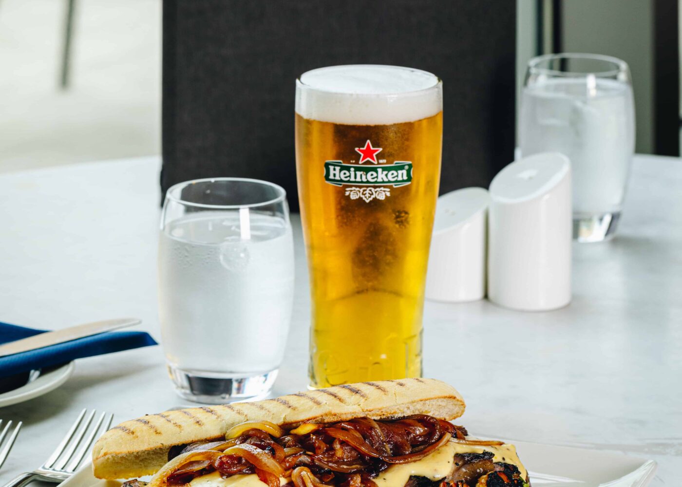 Portrait steak sandwich with pint at Salthill Hotel Galway