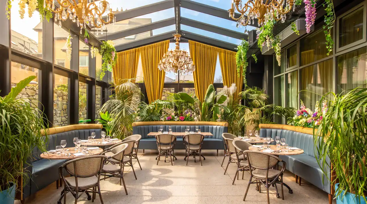 The Orangery at Salthill Hotel – tables set under the glass roof with chandeliers and hanging plants